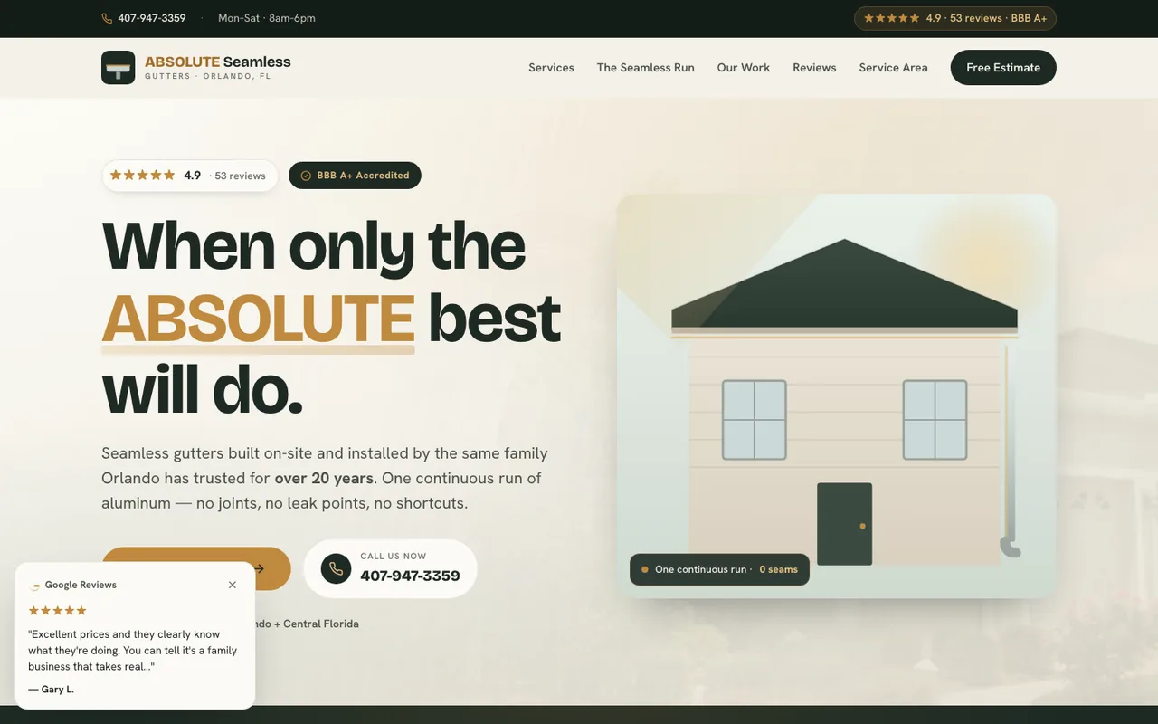 Absolute Seamless Gutters, Inc. — website design by Kelly WM