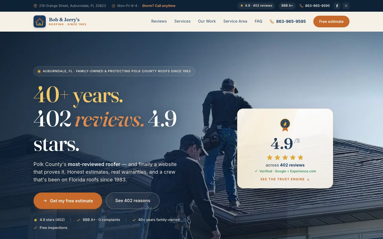 Bob & Jerry's Roofing — website design by Kelly WM