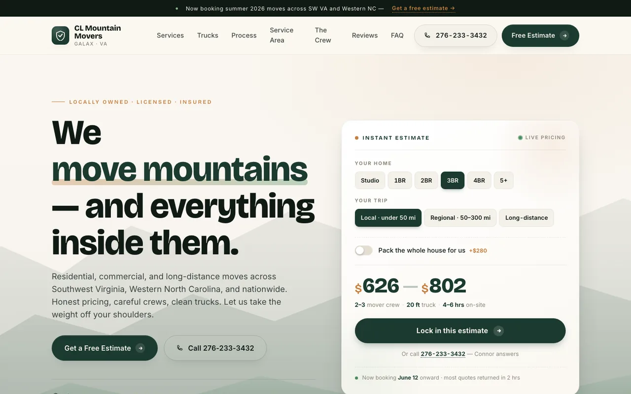 CL Mountain Movers — website design by Kelly WM