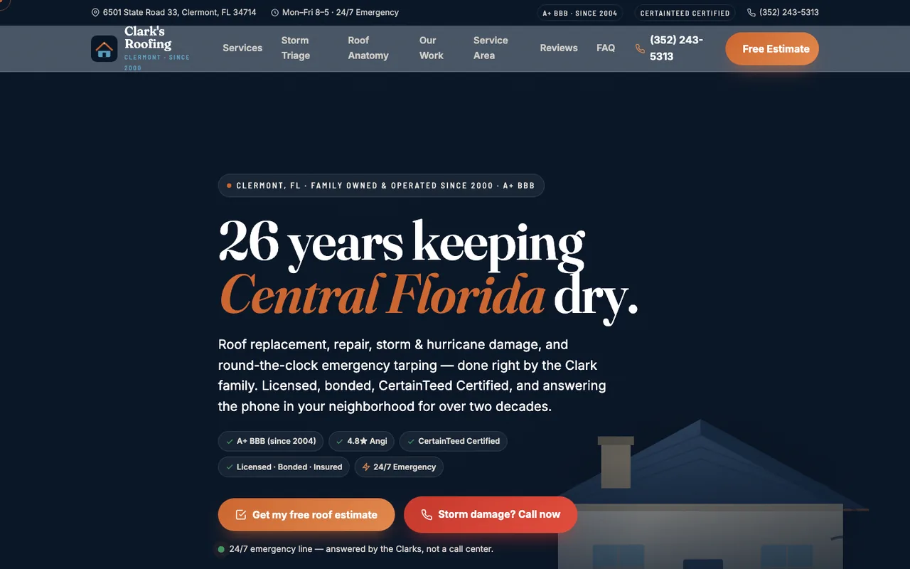 Clark's Roofing, Inc. — website design by Kelly WM
