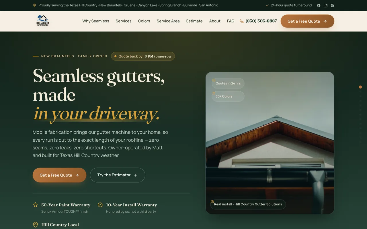 Hill Country Gutter Solutions — website design by Kelly WM