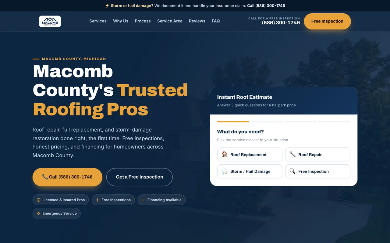 Macomb Roofing Pros — website design by Kelly WM