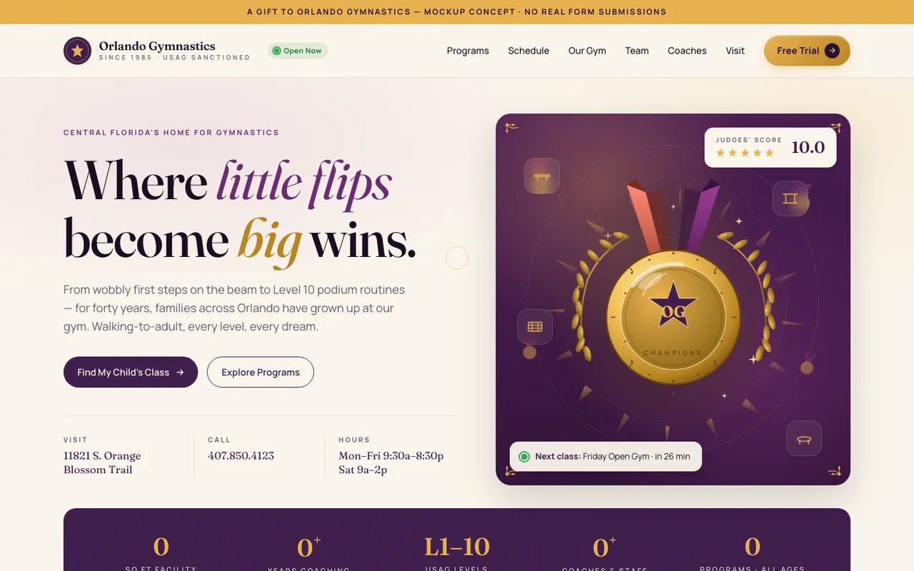 Orlando Gymnastics — website design by Kelly WM