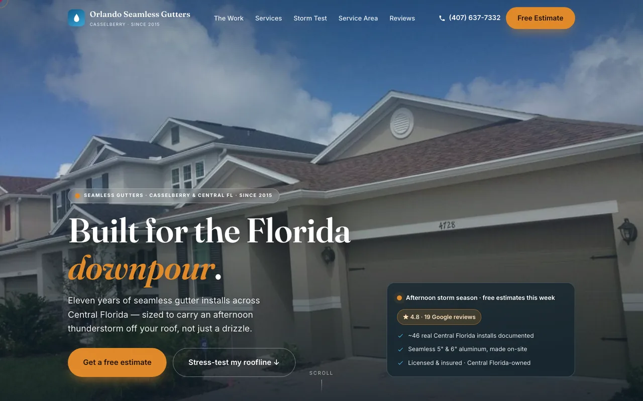 Orlando Seamless Gutters — website design by Kelly WM