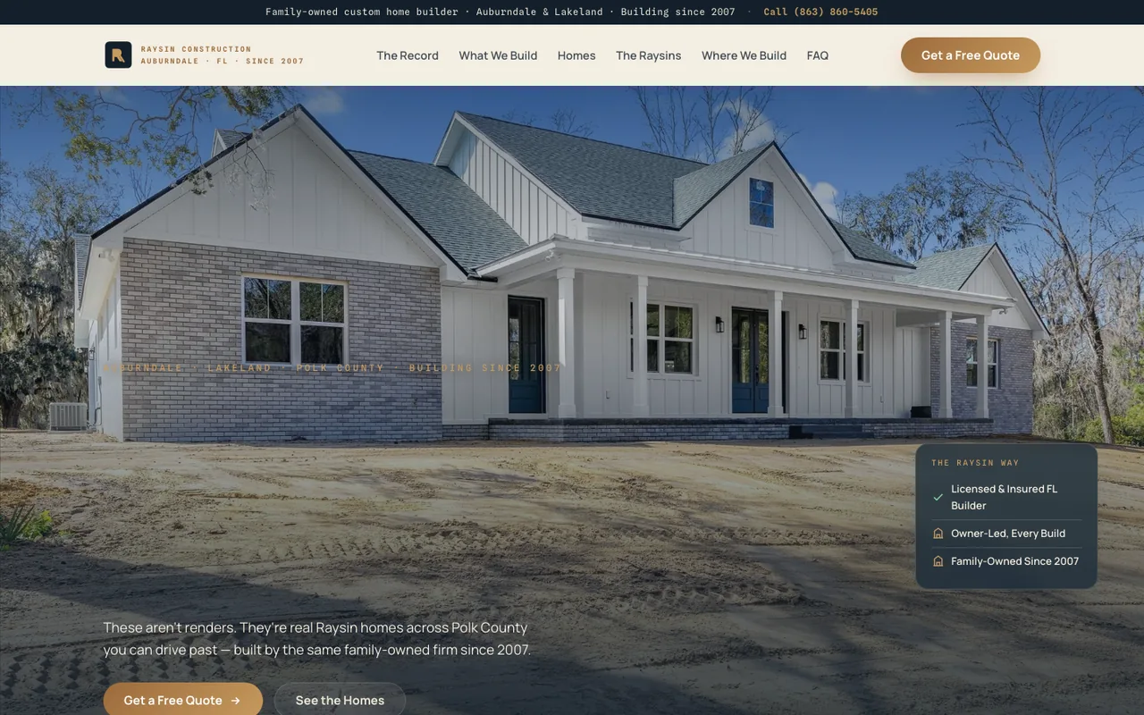 Raysin Construction — website design by Kelly WM