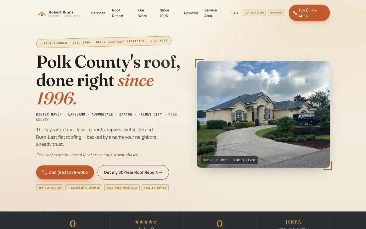 Robert Binns Roofing Inc. — website design by Kelly WM