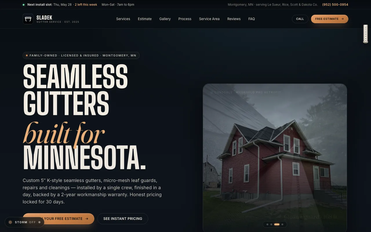 Sladek Gutter Service — website design by Kelly WM