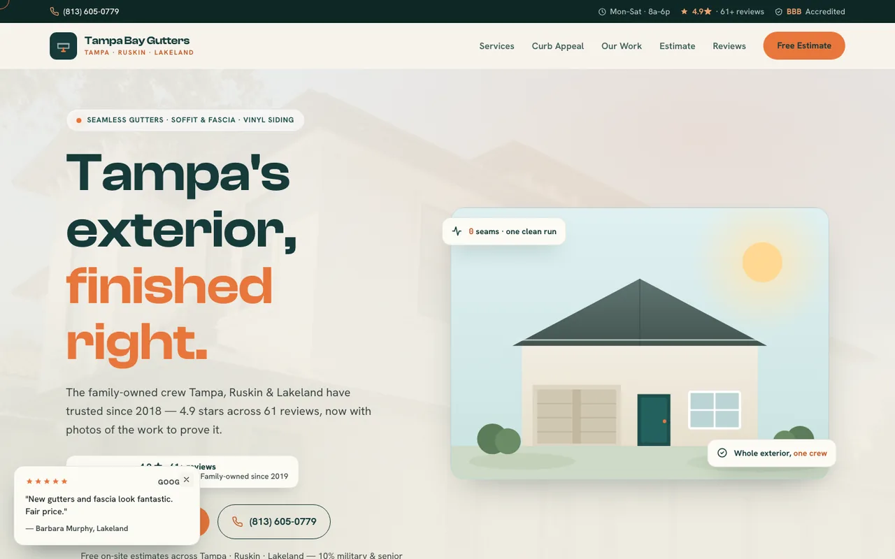 Tampa Bay Gutters, Inc. — website design by Kelly WM