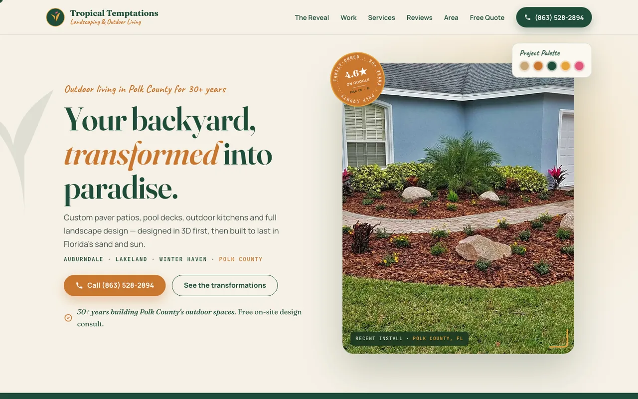 Tropical Temptations Landscaping — website design by Kelly WM