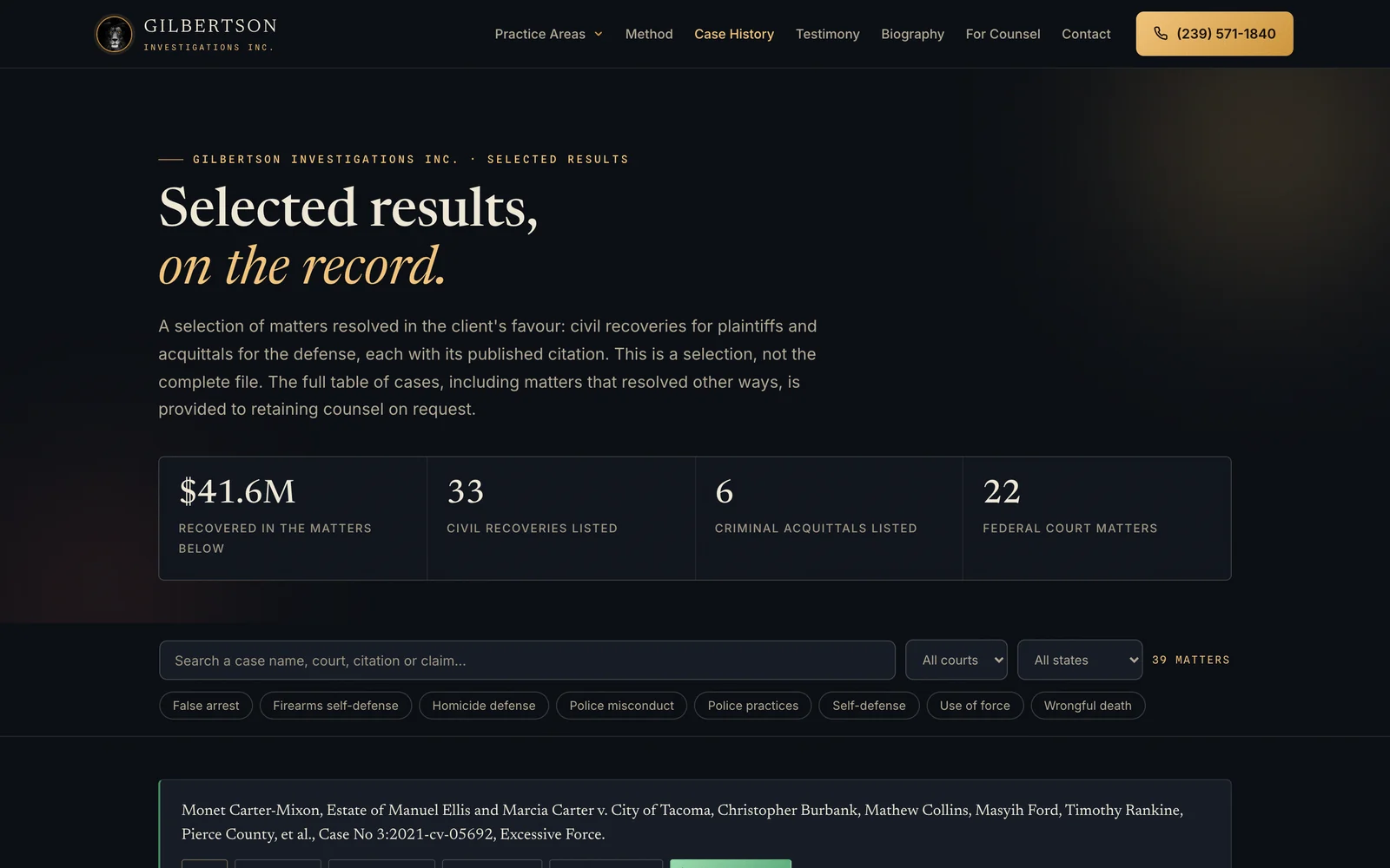 The case-history page showing a searchable, filterable list of matters