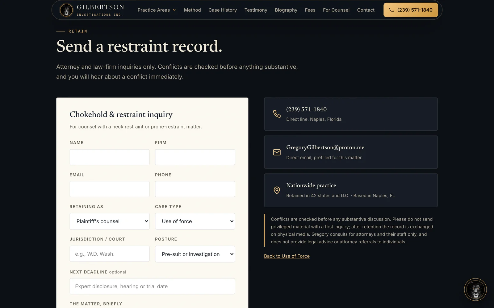 A practice-specific inquiry form with the case type pre-selected to the page's topic