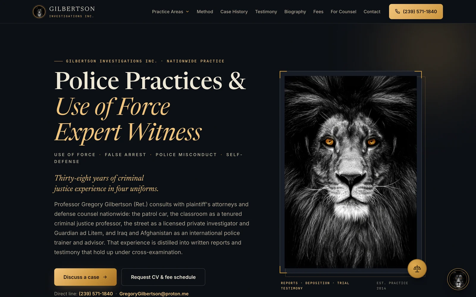 Gilbertson Investigations homepage  -  the lion mark framed in brass against ink, with the practice headline
