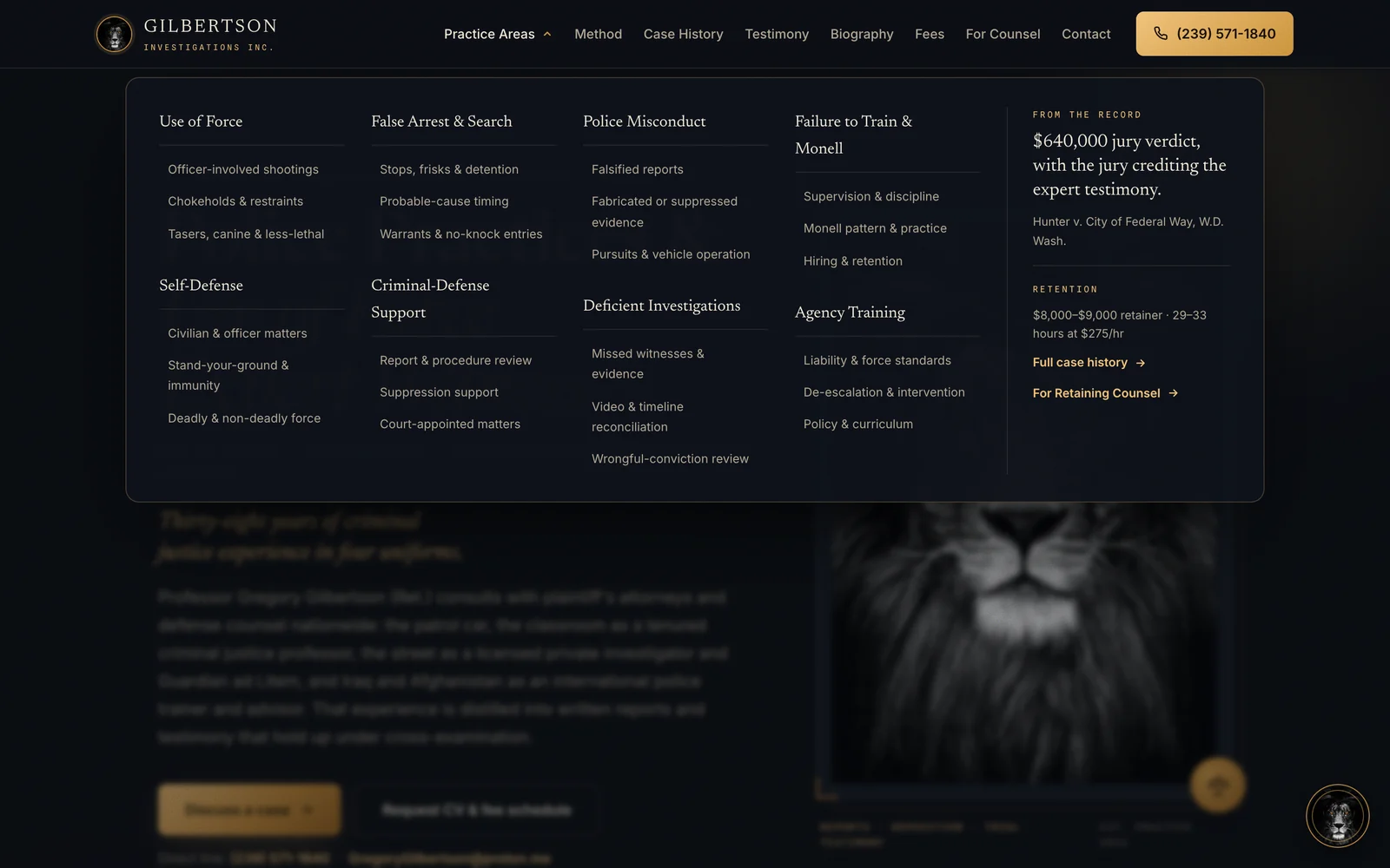 The practice-area mega menu open, showing eight groups of sub-topic links