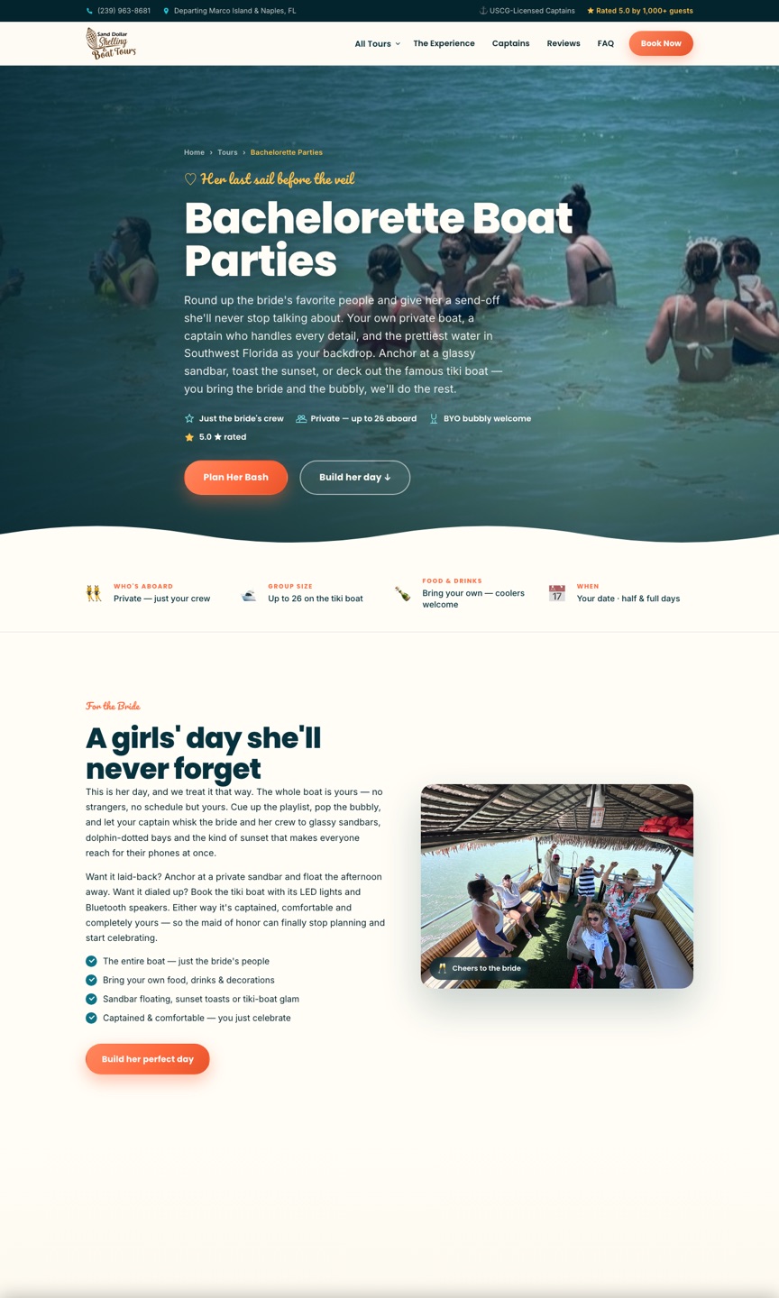 Bachelorette Tours page — bride and crew in the turquoise water