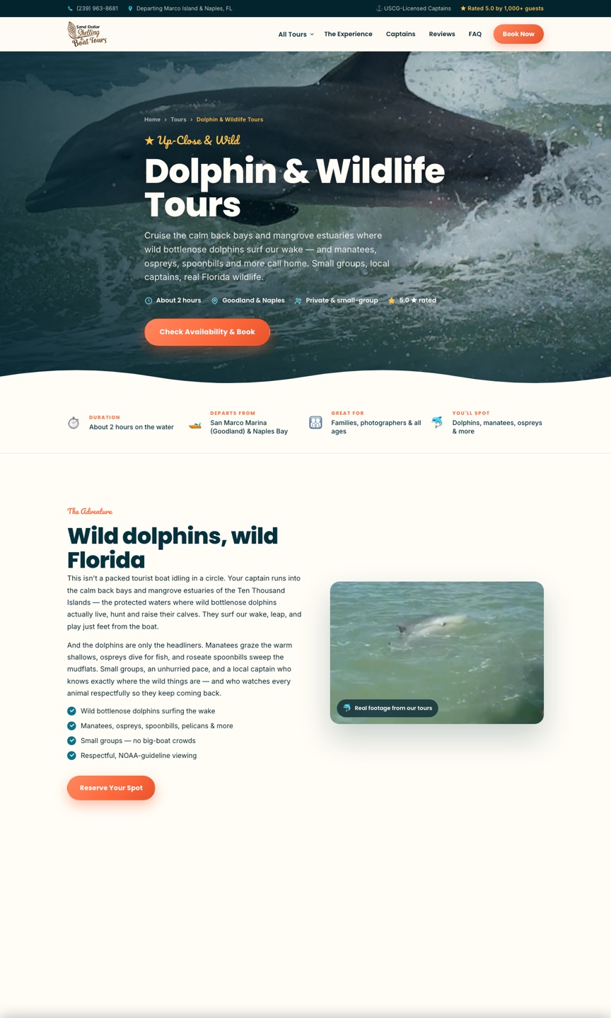 Dolphin & Wildlife Tours page — leaping bottlenose dolphin
