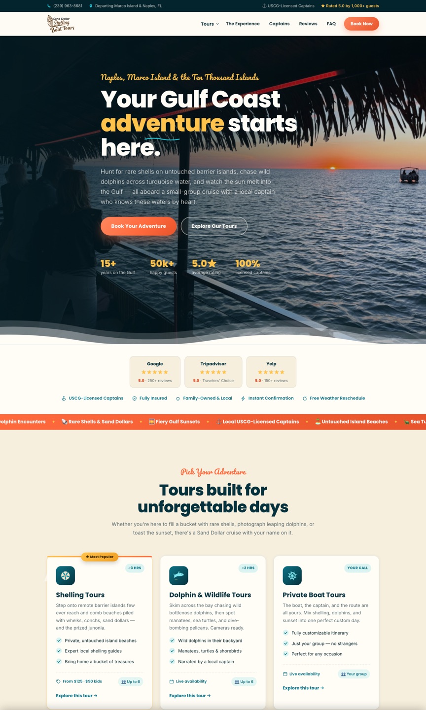 Sand Dollar Boat Tours homepage — Gulf Coast adventure hero, trust ribbon, and tour cards