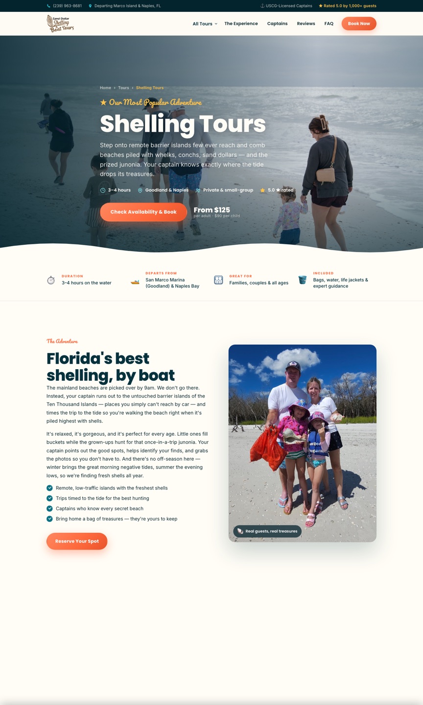 Shelling Tours page — coastal hero with family walking the beach
