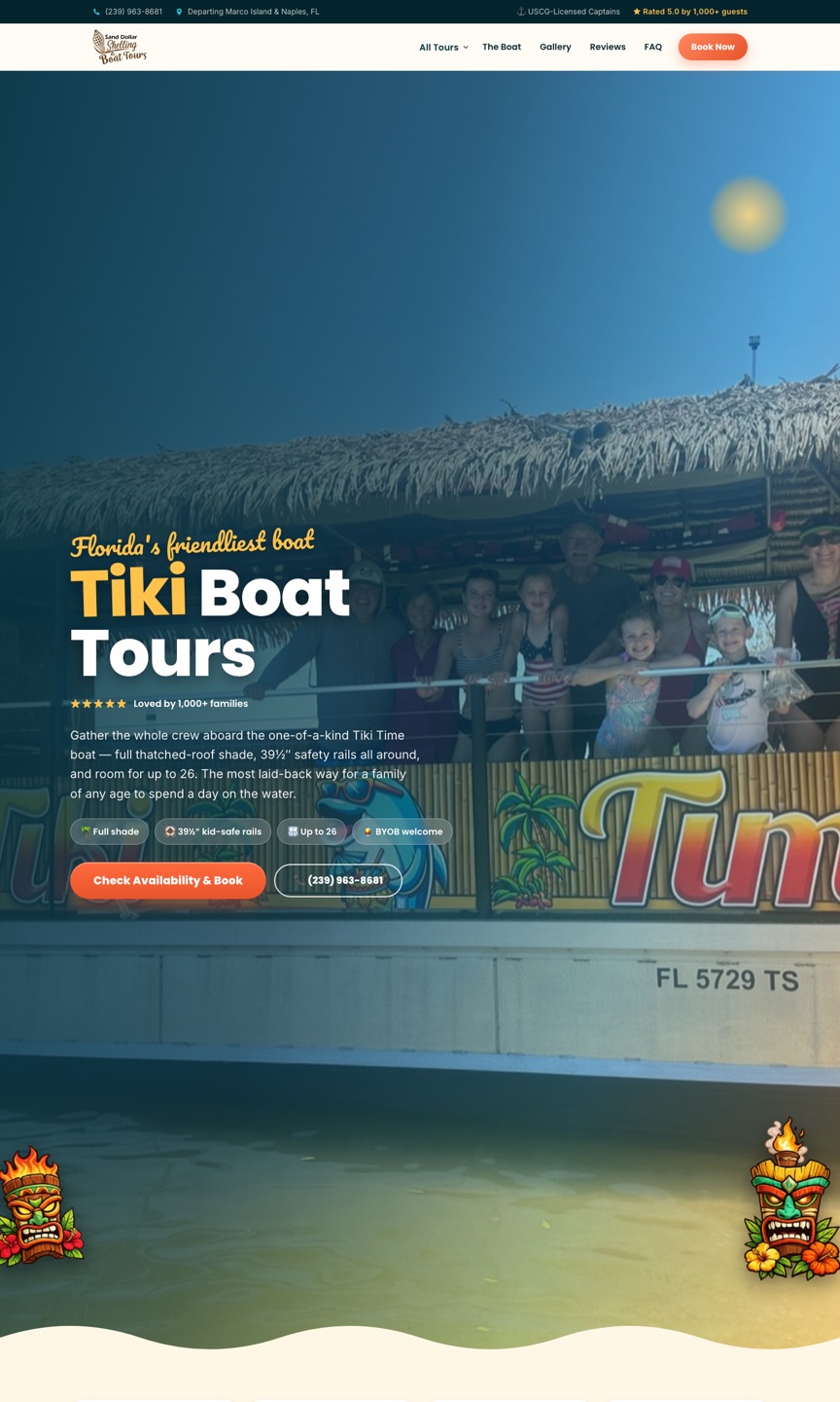 Tiki Boat Tours page — family-first tiki boat scene with tropical theming
