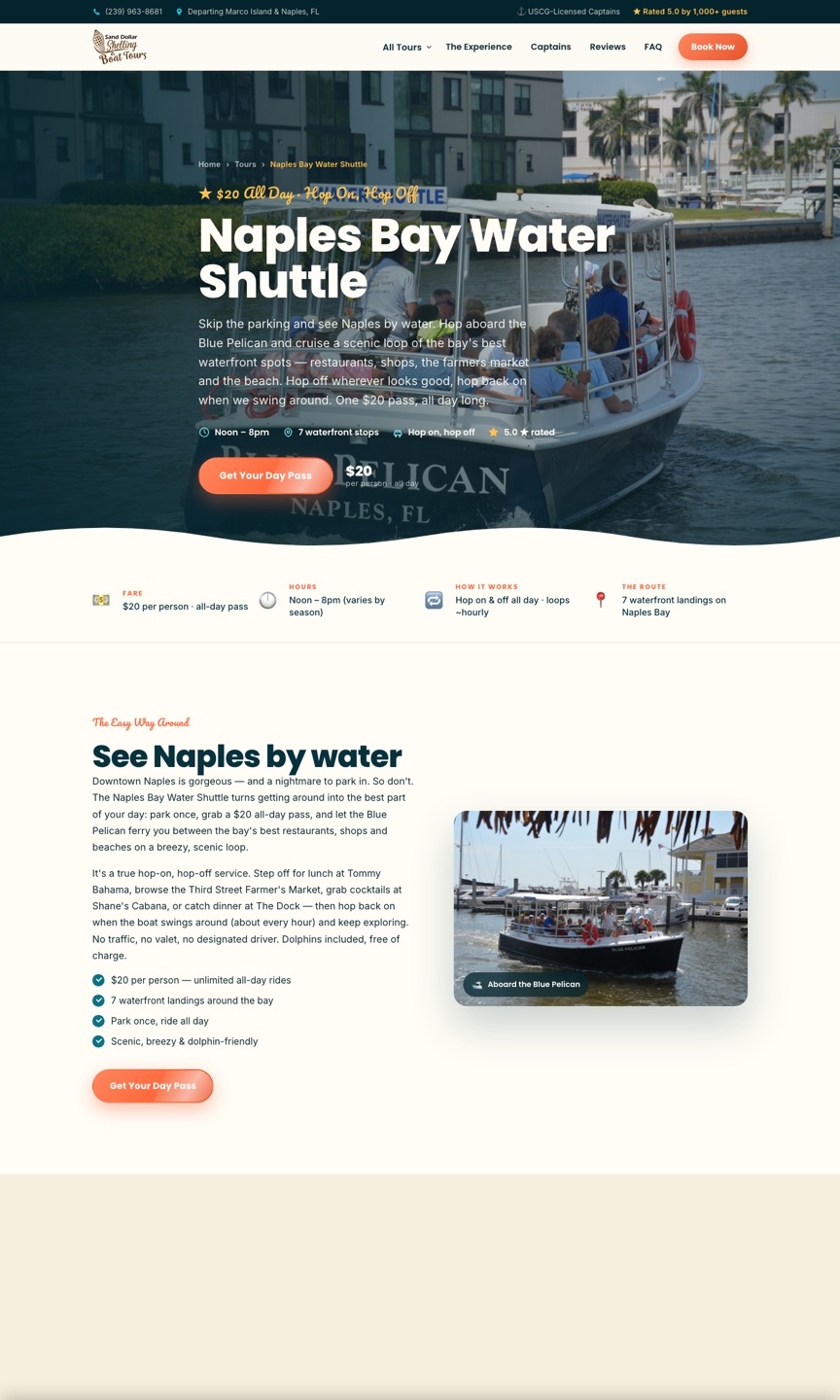 Naples Bay Water Shuttle page — Blue Pelican boat on the water with $20 fare